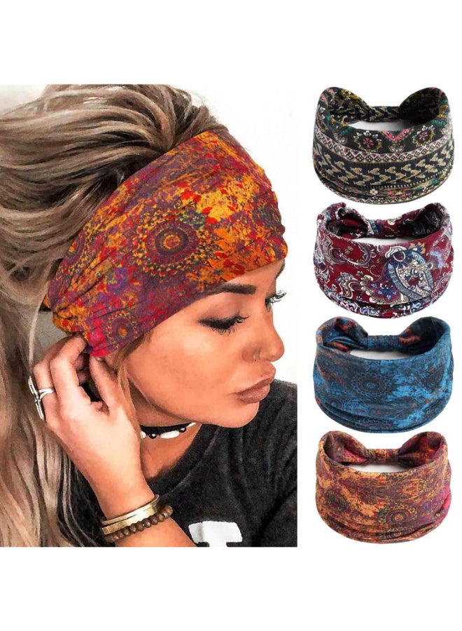 Olbye Wide Boho Headbands Floral Stretch Head Wraps Bohemian African Turban Hairbands Knotted Bandana Headband Yoga Running Head Scarfs Workout Hair Accessories for Women 4Pcs Boho 94 59 - Image 2