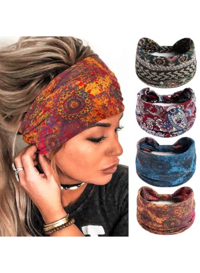 Olbye Wide Boho Headbands Floral Stretch Head Wraps Bohemian African Turban Hairbands Knotted Bandana Headband Yoga Running Head Scarfs Workout Hair Accessories for Women 4Pcs Boho 94 59 - Image 1