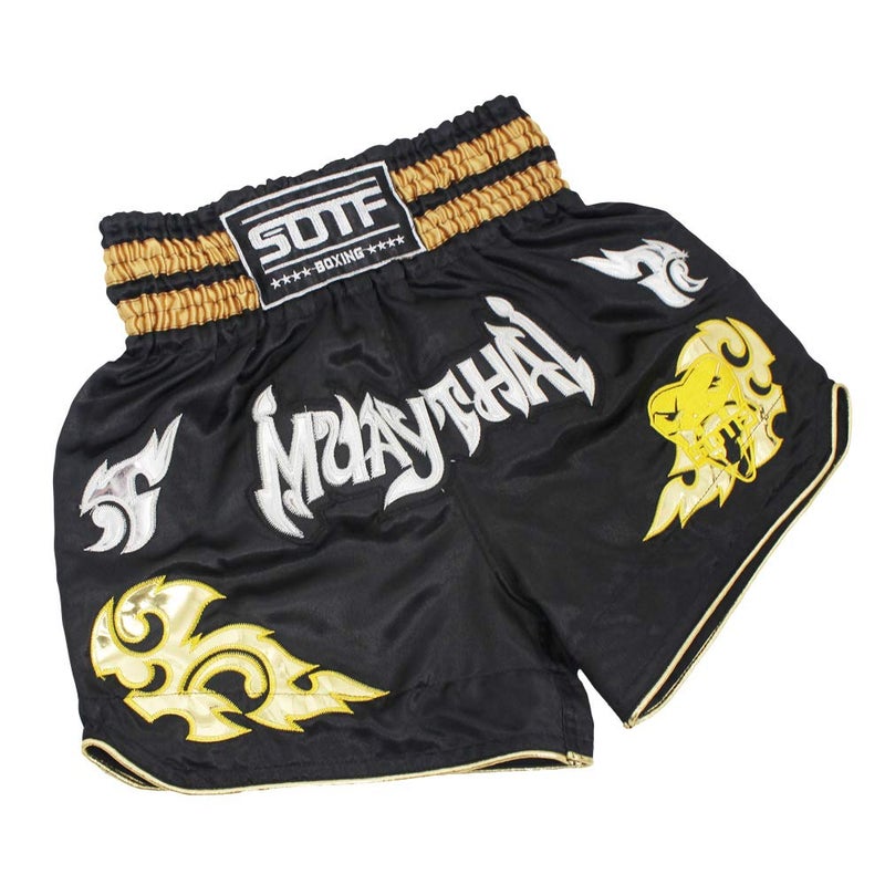 SOTF Boxing Shorts for Men Training Muay Thai Shorts Women Kickboxing Shorts for Kids Black2 Small Waist 23", Weight 78-99LB - Image 1