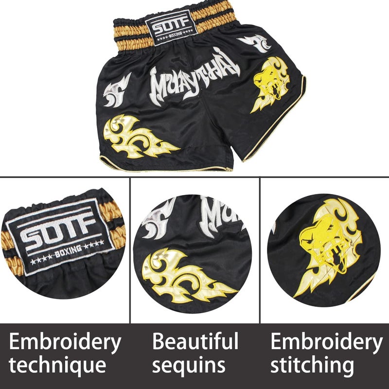 SOTF Boxing Shorts for Men Training Muay Thai Shorts Women Kickboxing Shorts for Kids Black2 Small Waist 23", Weight 78-99LB - Image 2