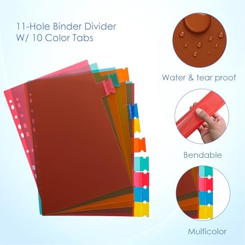 Shuban 10 Sheets A4 Size Binder Index Divider (10 Insertable tab Sheets) - Separators for Box Files, Lever Arch Files, Binders 11 Holes Punched - Multicolor Tabs for Office, School, Home - Image 3