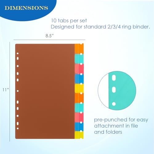 Shuban 10 Sheets A4 Size Binder Index Divider (10 Insertable tab Sheets) - Separators for Box Files, Lever Arch Files, Binders 11 Holes Punched - Multicolor Tabs for Office, School, Home - Image 2
