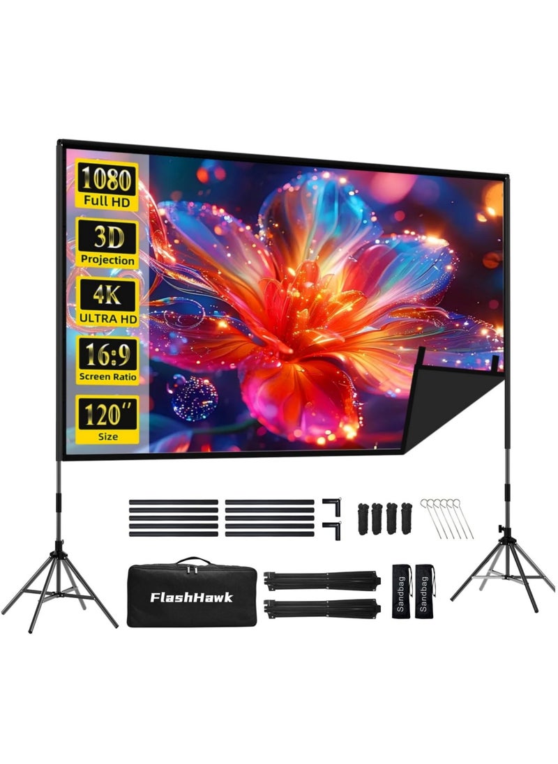 فلاشهوك شاشة عرض بروجكتر - 120 بوصة، 4K HD، 16:9، شاشة بروجكتر مع حامل متنقلة للاستخدام الخارجي والداخلي، شاشة عرض أمامية خلفية، شاشة عرض أفلام خفيفة الوزن مع إطار رباعي الأرجل، حقيبة حمل للسينما المنزلية شاشة البروجكتر  - Image 1