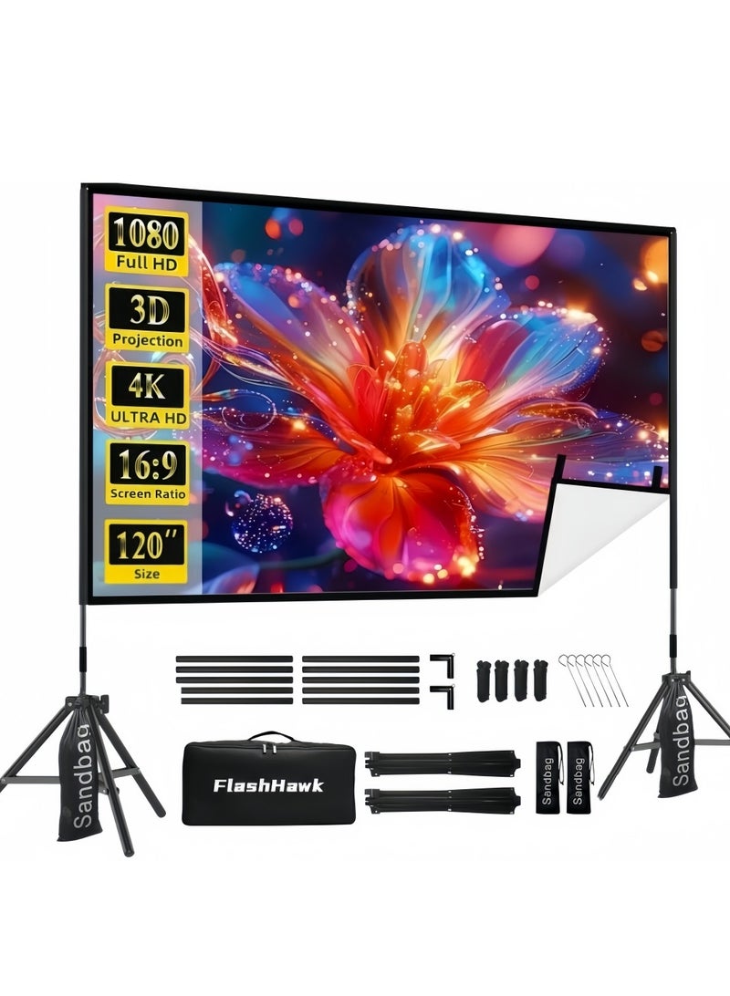 FlashHawk Projector Screen -120 inch 16:9 4K HD Portable Outdoor Indoor Projector Screen with Stand Rear Front Projection Screen Lightweight Movie Screen with Four-Legged Frame Carry Bag for Home Theater - Image 1