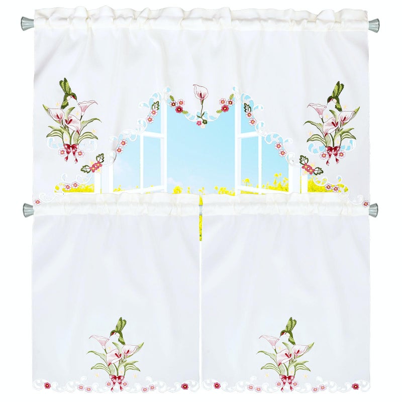 Simhomsen Embroidered Hummingbird Kitchen Window Curtain Swag and Tiers Set for Spring and Summer (Hummingbird) - Image 1