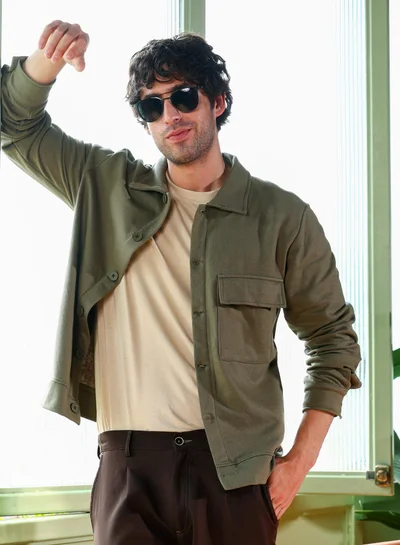 Campus Sutra Men Utility-Knit Jacket | Point Collar, Long Button-Cuff Sleeves | Button , Ribbed-Straight Hem | Solid Plain | Knitted Fabric For Casual & Daily Wear | Dark Olive