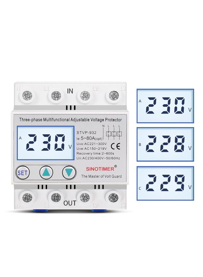 SINOTIMER STVP-932 63A 3-phase 380V LCD Self-resetting Adjustable Surge Voltage Protector - Image 1
