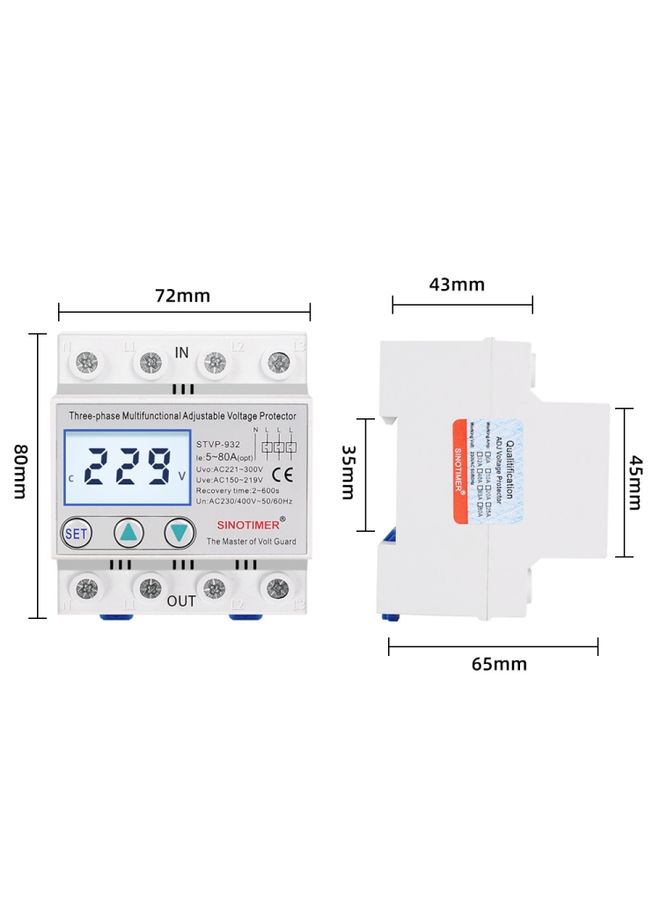 SINOTIMER STVP-932 63A 3-phase 380V LCD Self-resetting Adjustable Surge Voltage Protector - Image 3