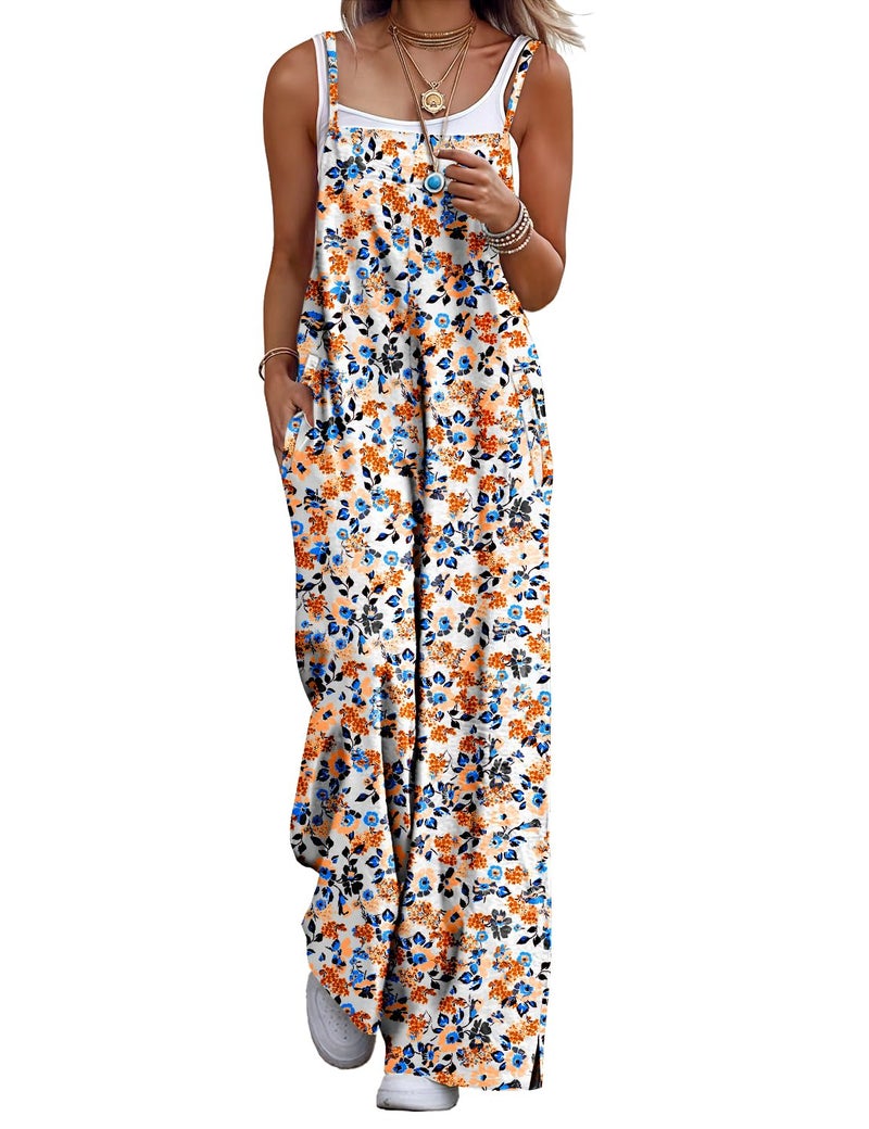 YESNO Women's Summer Boho Cotton Casual Jumpsuits Wide Leg Overalls Floral Print Baggy Rompers with Pockets 3XL PZZCR 377 - Image 1