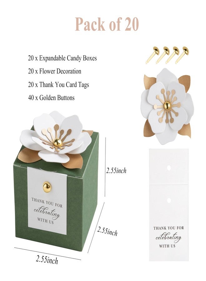 FEIYI 20 PCS Dusty Blue Candy Boxes, 3 In 1 Candy Box with Floral Decor, White Thank You Tags Gift wrapping for Wedding Birthday Baby Shower Decorations Party -2.55x2.55x1.75’ (Olive Green) - Image 2