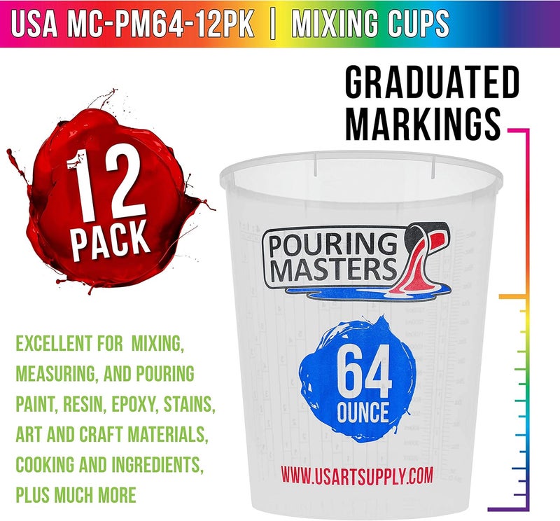 Pouring Masters أكواب الخلط البلاستيكية المتدرجة من بورش ماسترز سعة 64 أونصة (2000 مل) (علبة تحتوي على 12 كوبًا) - للاستخدام مع الطلاء، الراتنج، الإيبوكسي، الفن، المطبخ، الطهي، الخبز - القياسات بالأونصة والملليلتر، 4 نسب قياس مختلفة 1:1 - Image 2