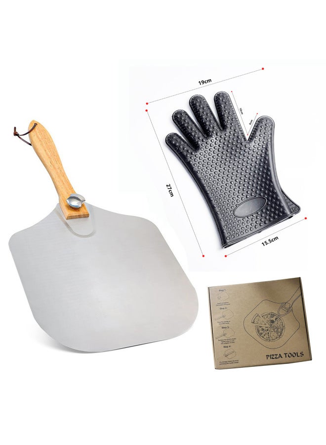 Rotatable Foldable Aluminum Pizza Peel Paddle Baking Food Transfer Spatula Detachable Cake Tray Kitchen Cooking Utensils-Specifications:Folding Pizza Shovel + One Black Glove (exquisite Box)  - Image 1