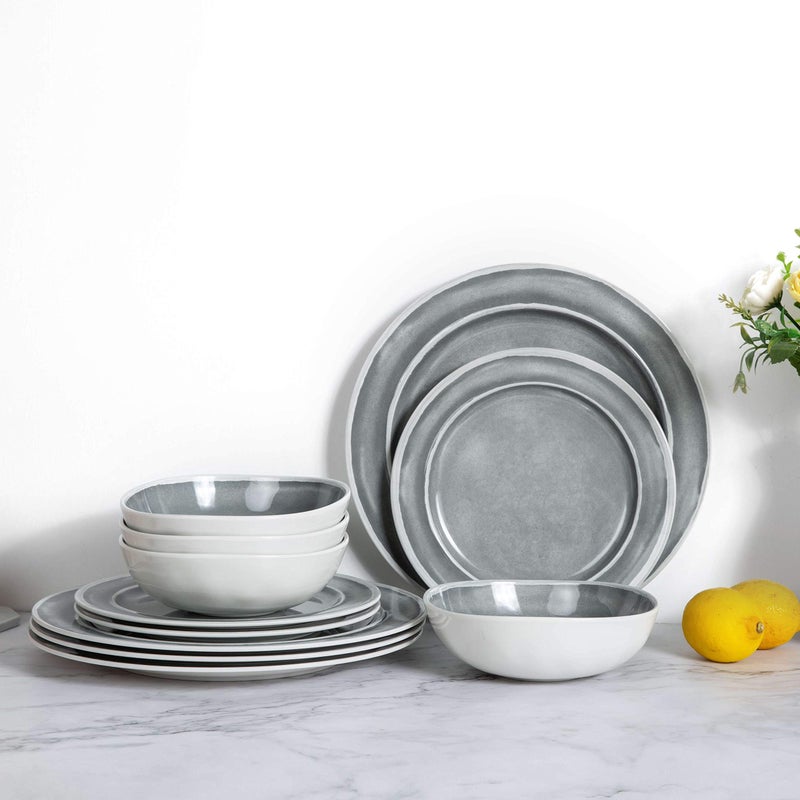Melamine Dinnerware Set  12pcs Dishes Dinnerware Set for 4 Indoor and Outdoor use Dishwasher Safe Breakresistant Lightweight Gray