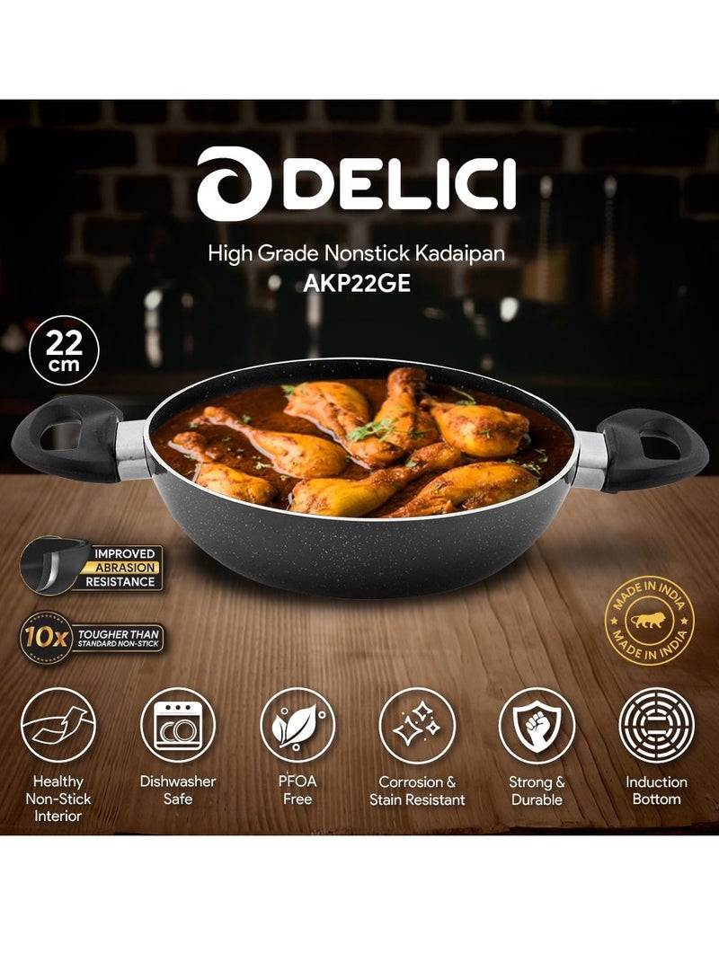 DELICI Premium NonStick Kadai Pan with Tempered Glass Lid for Easy Cooking Stir Fry PFOA Free Granite Grey 22 Cm - Image 2