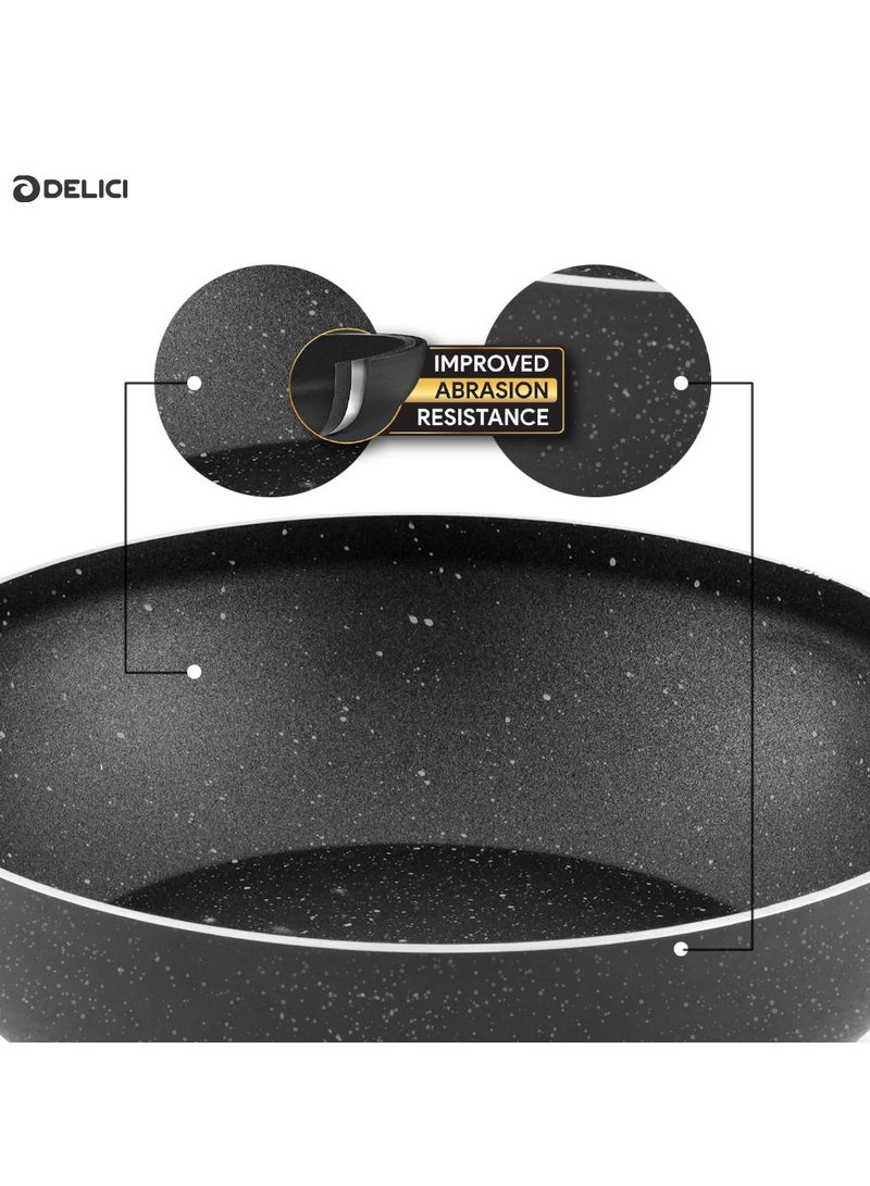 DELICI Premium NonStick Kadai Pan with Tempered Glass Lid for Easy Cooking Stir Fry PFOA Free Granite Grey 22 Cm - Image 3