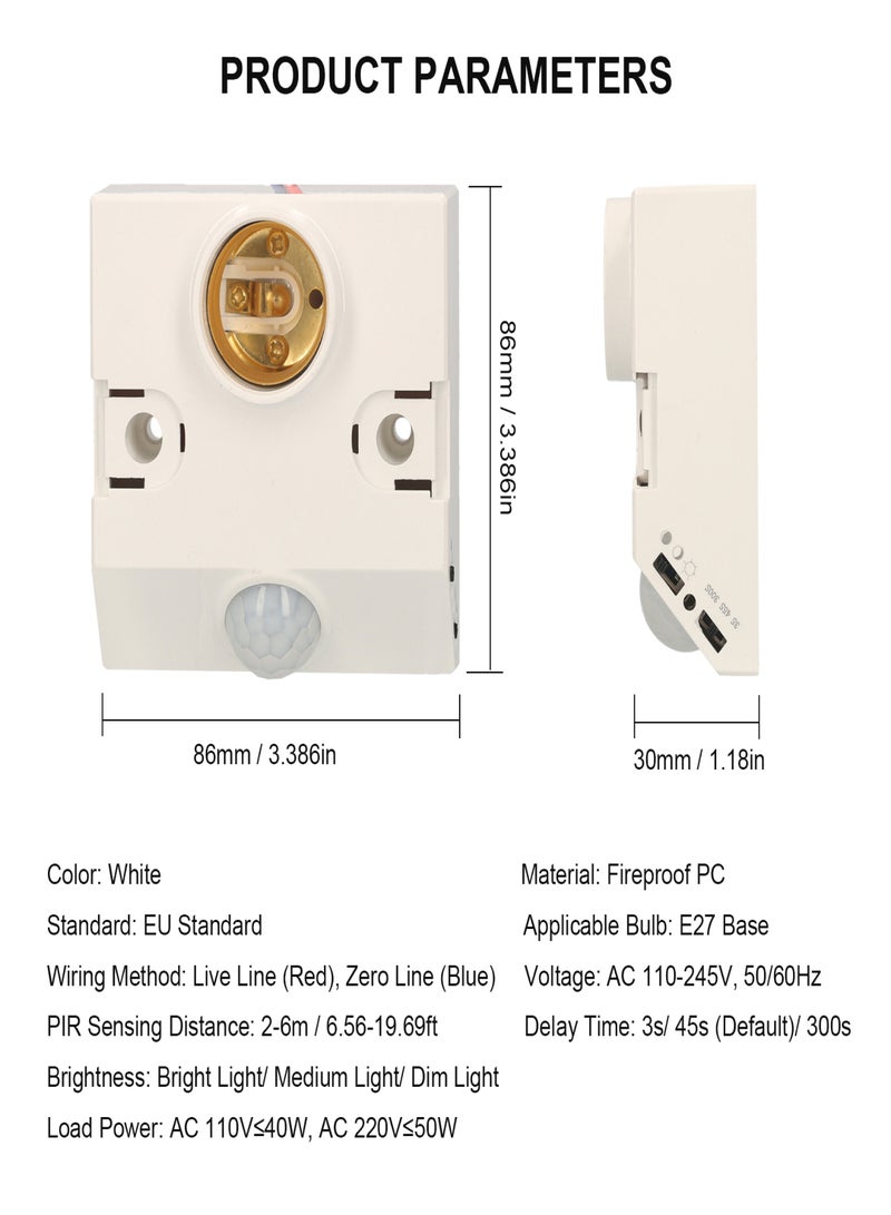 PIR Motion Sensor Lampholder E27 Live Line & Zero Line Wired Motion Activated LED Bulb Lamp Base with Adjustable Brightness & Delay Time Body Induction Detector for Indoor (AC 110-245V) - Image 3