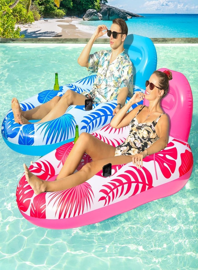 FindUWill Pool Floats Adult - 2 Pack Oversized Pool Chairs, Tanning Pool Lounger, Inflatable Pool Float Lounge with Cup, Phone Holder, Backrest, Footrest (Blue&Red) - Image 1
