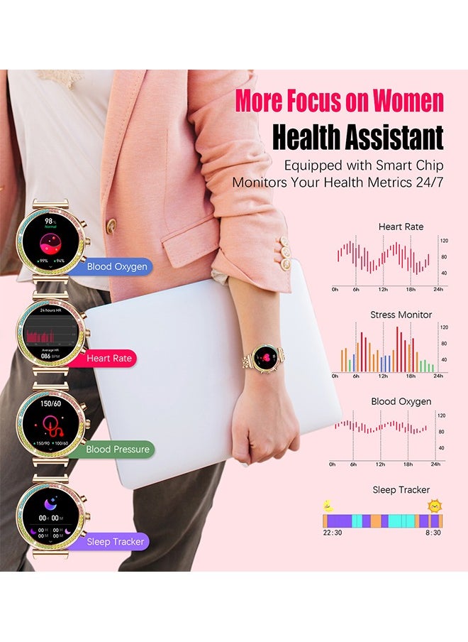 RollsTimi  - Smart Watch for Women,1.27"HD Diamonds Luxury Smartwatch for Android iPhone Phones,Fitness Trackers with 8+ Sport Modes/Heart Rate/IP67 Waterproof/Sleep Monitor,Full Gold - Image 1