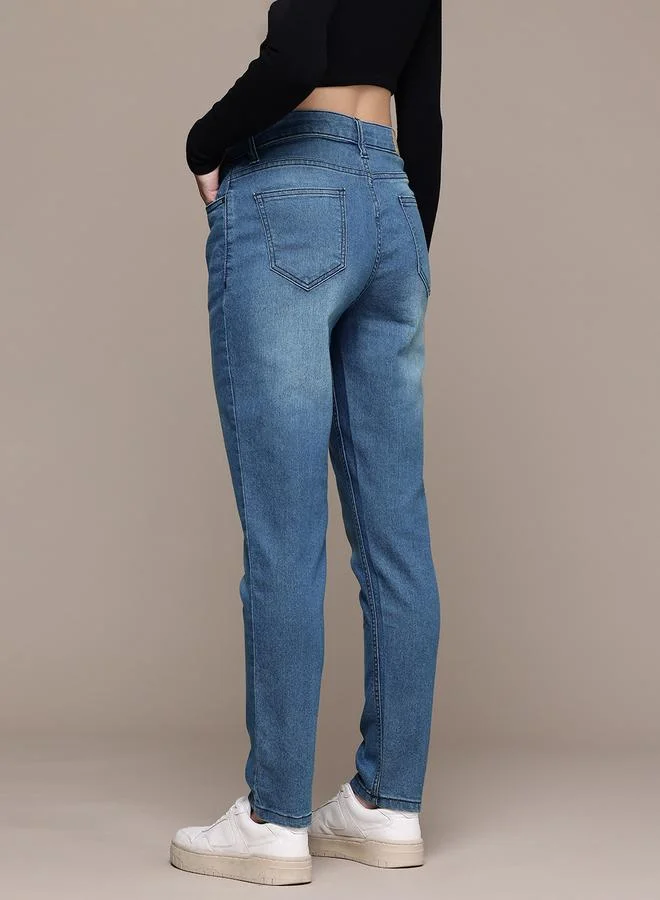 Freehand Blue Freehand Women Mid Rise Slim Fit Solid Jeans for Women | Best Price UAE