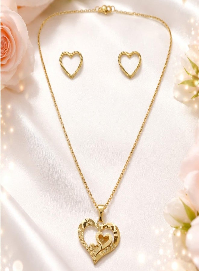 ACCESSHER Women's & Girls Gold-Tone Adjustable Heart Pendant Necklace with Earrings Trendy Locket Neckchain Fancy Jewellery Love Gifts For Valentine's & Anniversary - Image 3