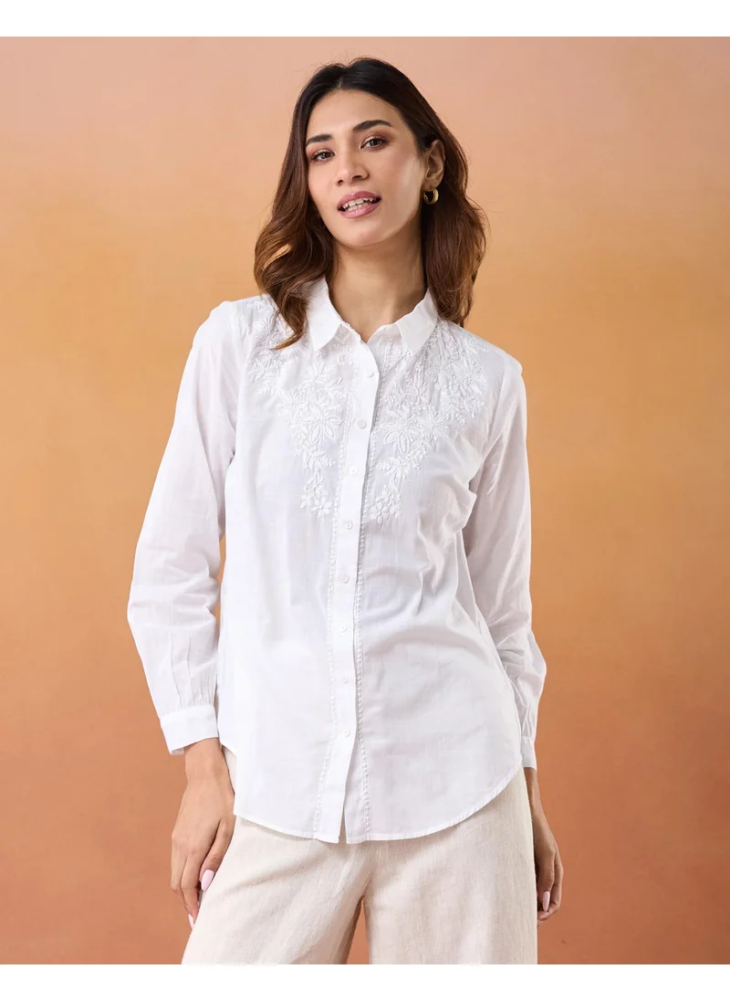 Fabindia White Cotton Chikankari Shirt