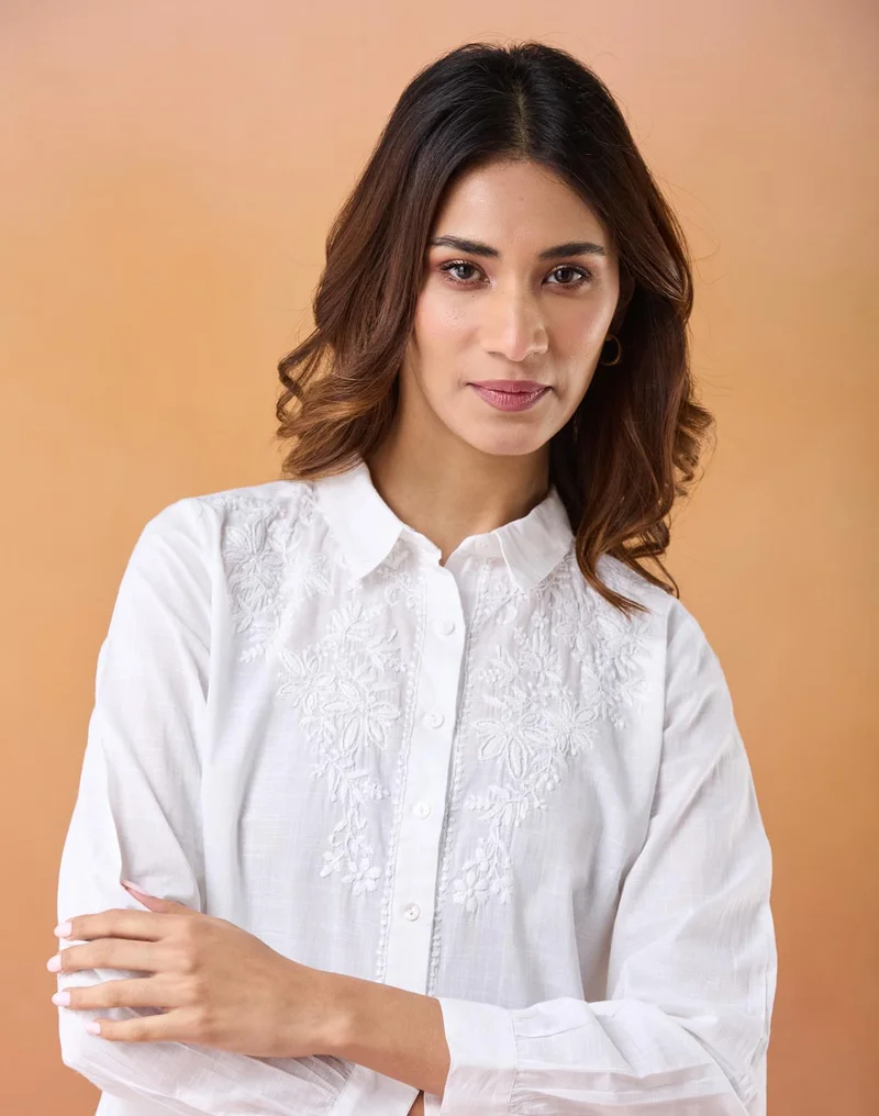 Fabindia White Cotton Chikankari Shirt