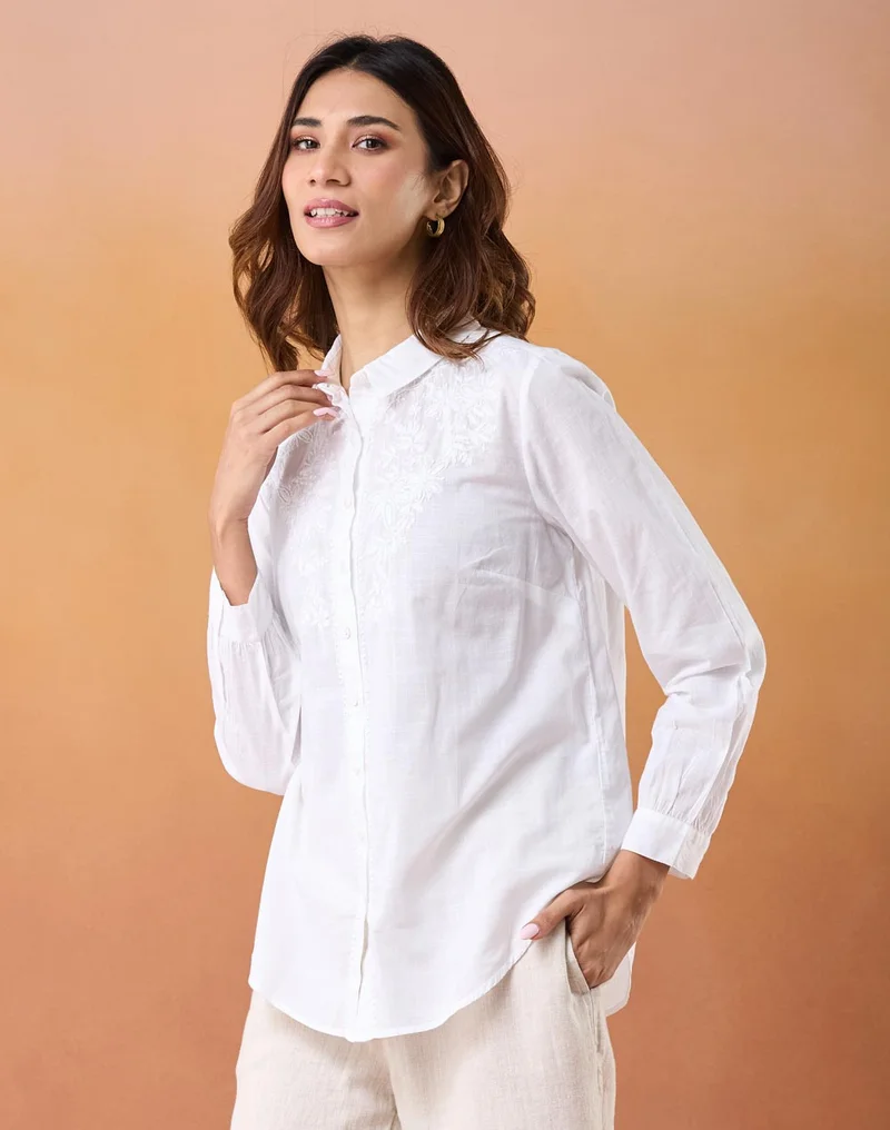 Fabindia White Cotton Chikankari Shirt
