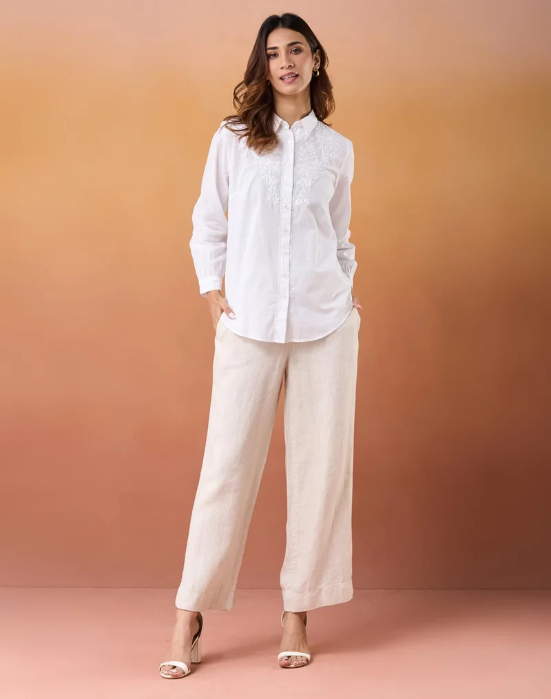 Fabindia White Cotton Chikankari Shirt