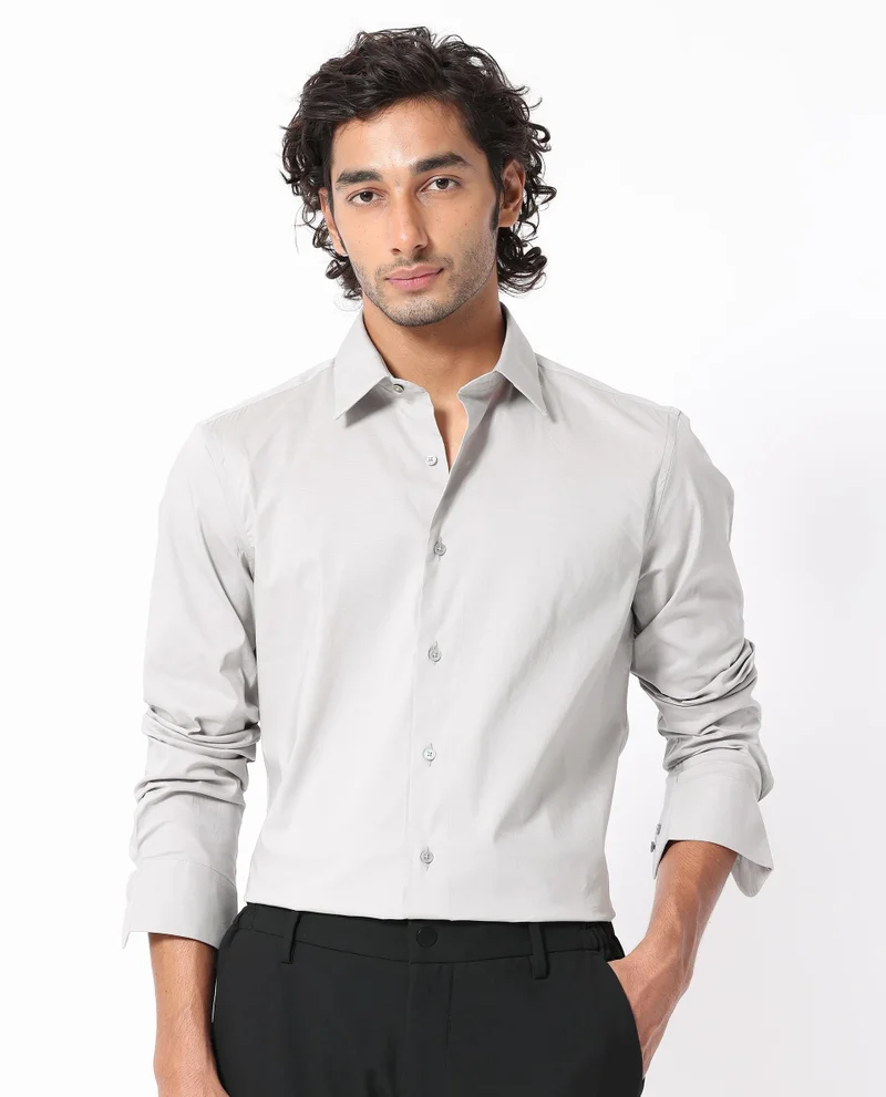 Rare Rabbit Rare Rabbit Mens Benedict Light Grey Cotton Stretch Drop Collar Full Sleeves Shirt