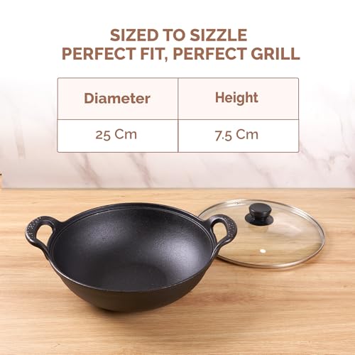 Home Essentials HomeEssentials Cast Iron Kadai with Glass Lid | Pre-Seasoned Iron Wok with Handles & Flat Base | Uncoated Kadai for Cooking | Compatible with Induction, Gas & Electric Stoves (25cm) - Image 4