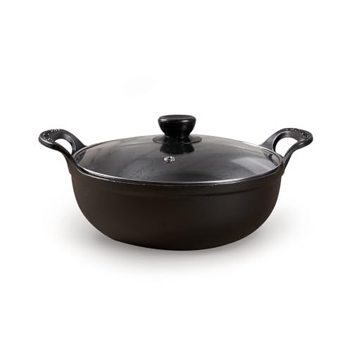 Home Essentials HomeEssentials Cast Iron Kadai with Glass Lid | Pre-Seasoned Iron Wok with Handles & Flat Base | Uncoated Kadai for Cooking | Compatible with Induction, Gas & Electric Stoves (25cm) - Image 1