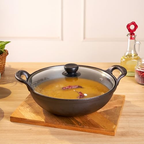 Home Essentials HomeEssentials Cast Iron Kadai with Glass Lid | Pre-Seasoned Iron Wok with Handles & Flat Base | Uncoated Kadai for Cooking | Compatible with Induction, Gas & Electric Stoves (25cm) - Image 5