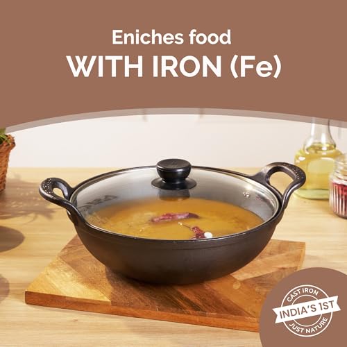 Home Essentials HomeEssentials Cast Iron Kadai with Glass Lid | Pre-Seasoned Iron Wok with Handles & Flat Base | Uncoated Kadai for Cooking | Compatible with Induction, Gas & Electric Stoves (25cm) - Image 2