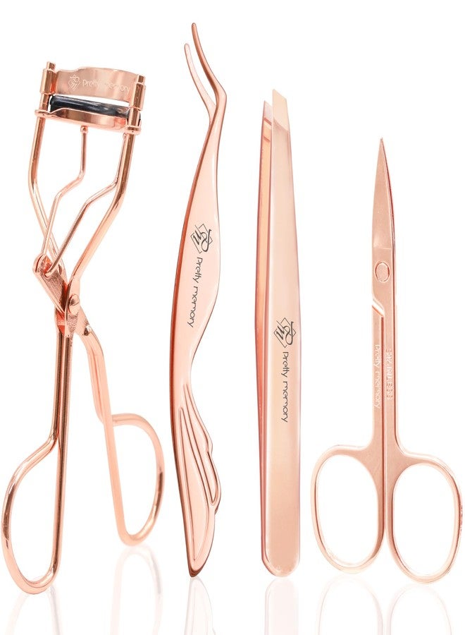 Pretty memory 4 Pcs Eyelash Tools Kit Lash Applicator Tool Set Lash Tweezers Eyelash Curler Eyebrow Scissors Eyebrow Tweezers, Rose Gold - Image 1