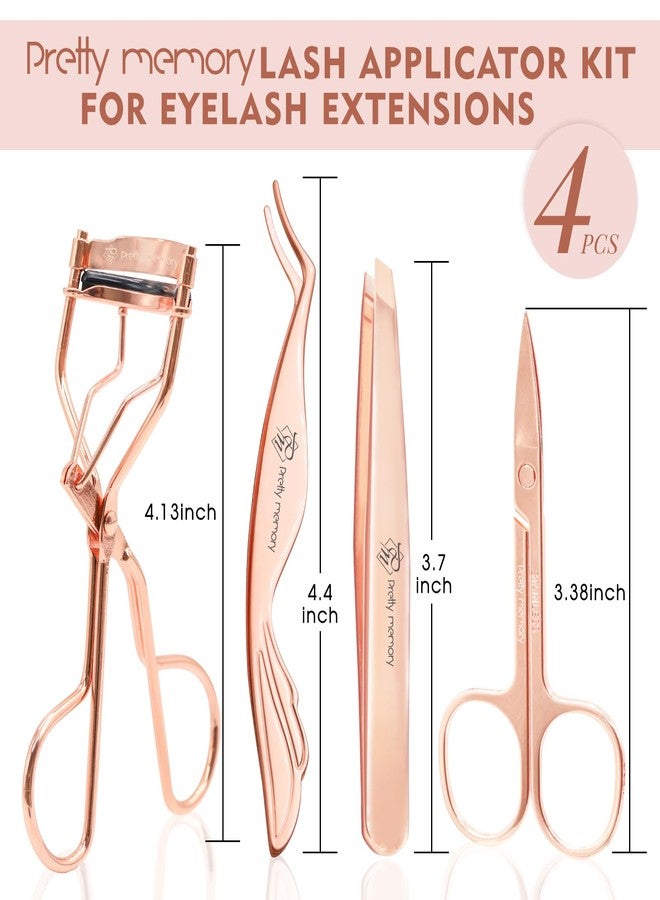 Pretty memory 4 Pcs Eyelash Tools Kit Lash Applicator Tool Set Lash Tweezers Eyelash Curler Eyebrow Scissors Eyebrow Tweezers, Rose Gold - Image 2