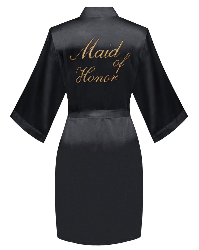 PENGEE Women's Short Kimono Robe Soft Bride Bridesmaid Robes for Wedding Party Bridal Robes Getting Ready Black - Image 4