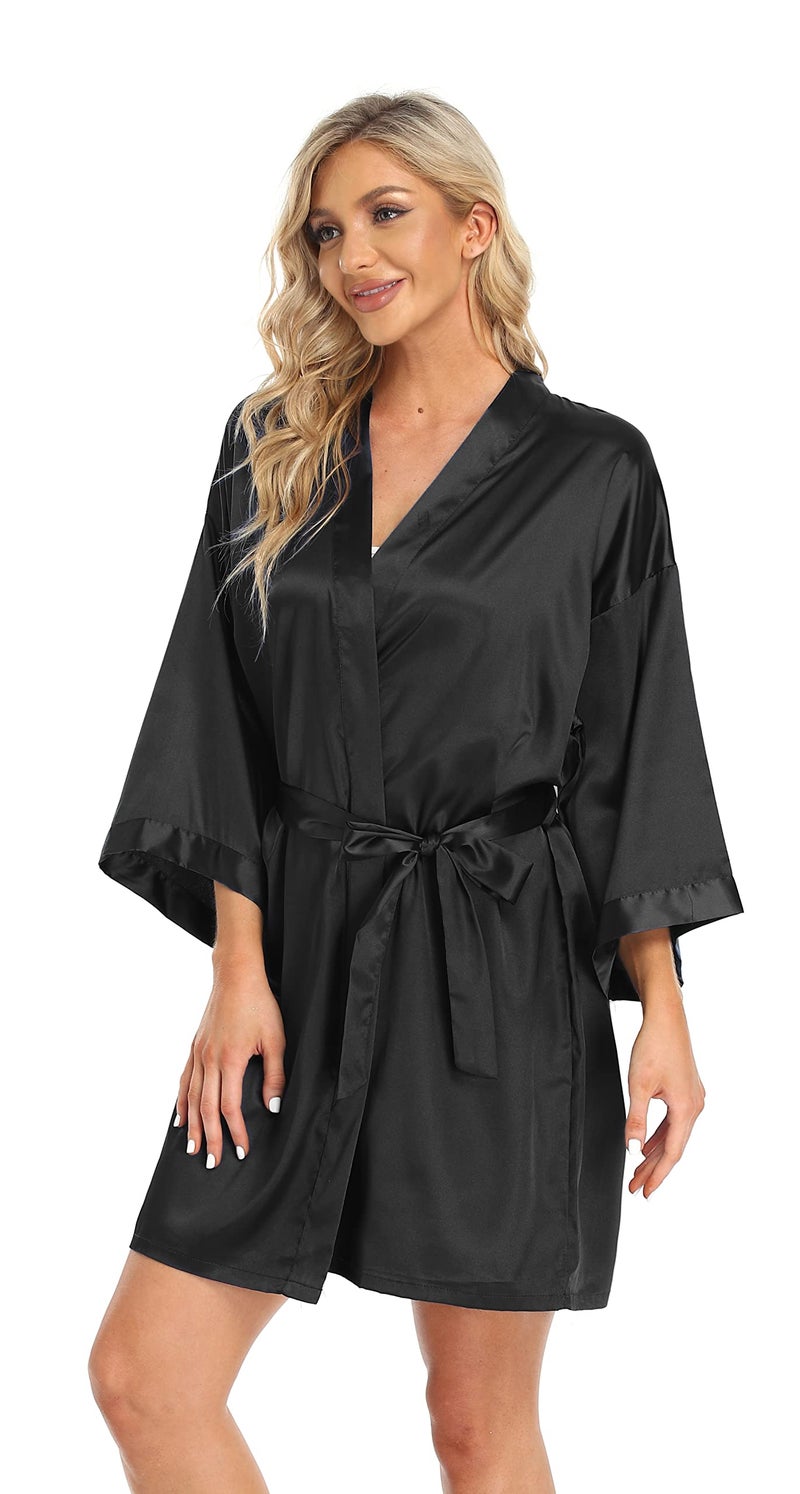 PENGEE Women's Short Kimono Robe Soft Bride Bridesmaid Robes for Wedding Party Bridal Robes Getting Ready Black - Image 2