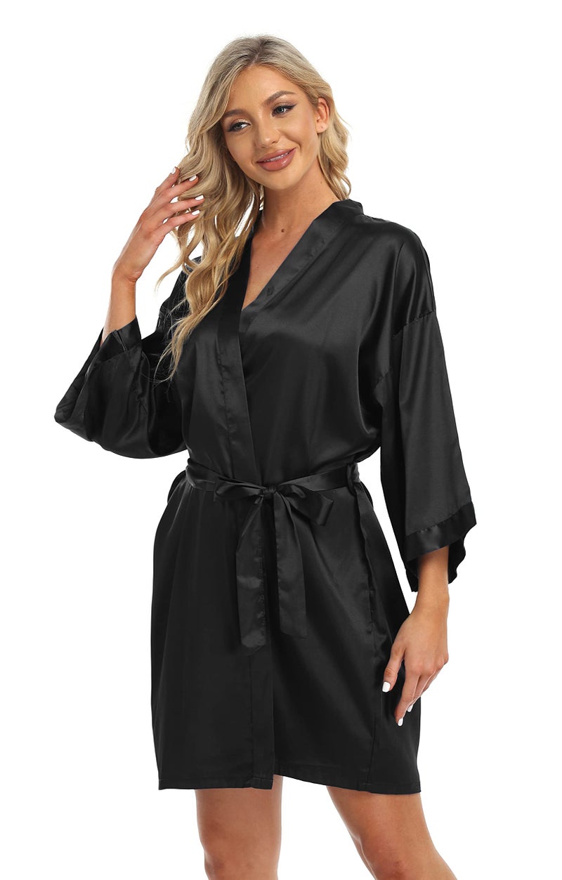 PENGEE Women's Short Kimono Robe Soft Bride Bridesmaid Robes for Wedding Party Bridal Robes Getting Ready Black - Image 3
