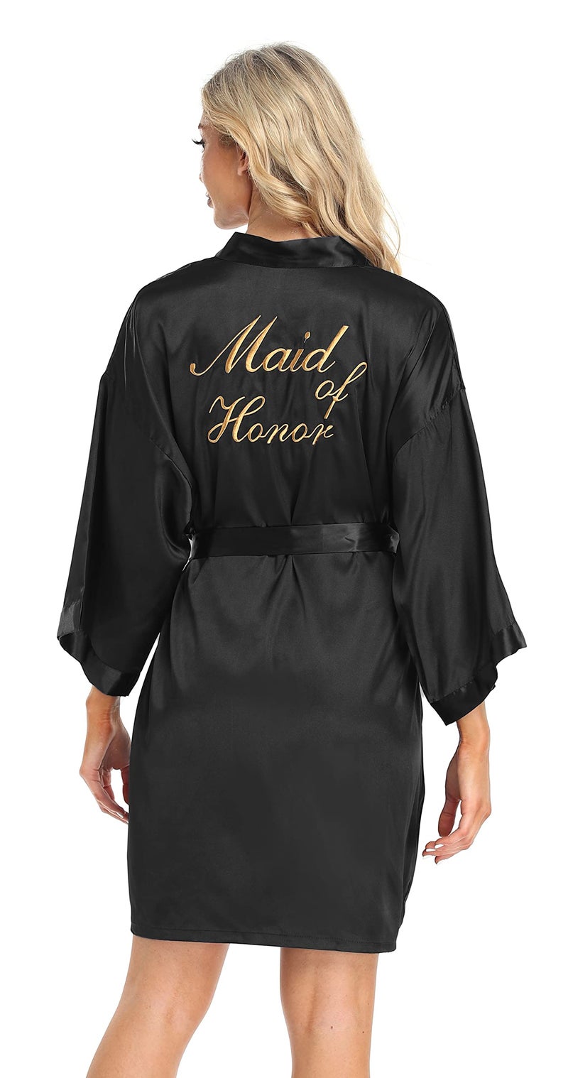 PENGEE Women's Short Kimono Robe Soft Bride Bridesmaid Robes for Wedding Party Bridal Robes Getting Ready Black - Image 1