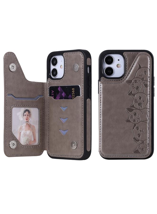 زبون جراب لهاتف iPhone 12 mini، جراب واقٍ بنقشة ست قطط مع حامل وفتحات للبطاقات وإطار للصور - Image 1