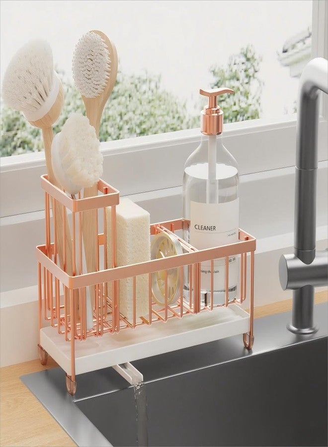 Cisily Rose Gold Sponge Holder for Kitchen Sink, Sink Caddy Organizer with High Brush Holder, Kitchen Countertop Organizers and Storage Essentials, Rustproof 304 Stainless Steel, Soap Dispenser - Image 1