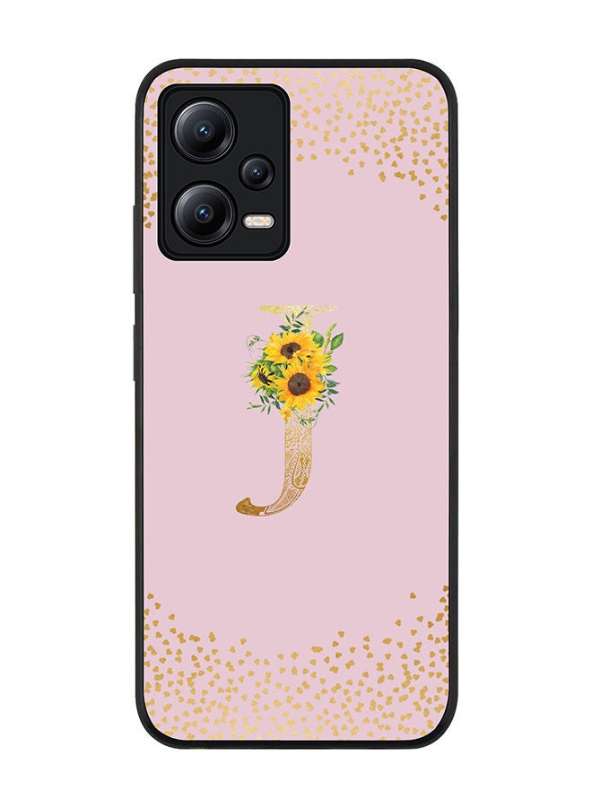 Stylizedd Rugged Black edge case for Poco X5 / Redmi Note 12 5G Slim fit Soft Case Flexible Rubber Edges Anti Drop TPU Gel Thin Cover - Custom Monogram Initial Floral Pattern Alphabet - J - Pink - Image 1