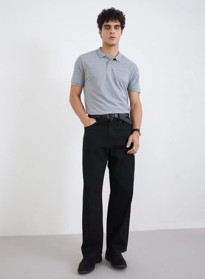 Styli Men Regular Fit Solid Pique Polo with Ribbed Collar