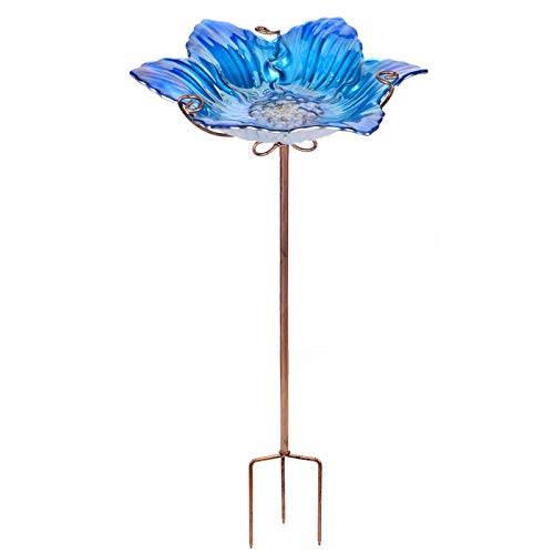 MUMTOP Bird Baths for Outdoors Glass Bird Bath Bowl Outdoor Bird Feeder Flower Pattern with Metal Stake for Garden, Yard and Lawn Decor(Blue) - Image 1