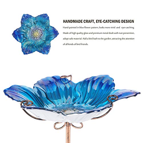 MUMTOP Bird Baths for Outdoors Glass Bird Bath Bowl Outdoor Bird Feeder Flower Pattern with Metal Stake for Garden, Yard and Lawn Decor(Blue) - Image 3