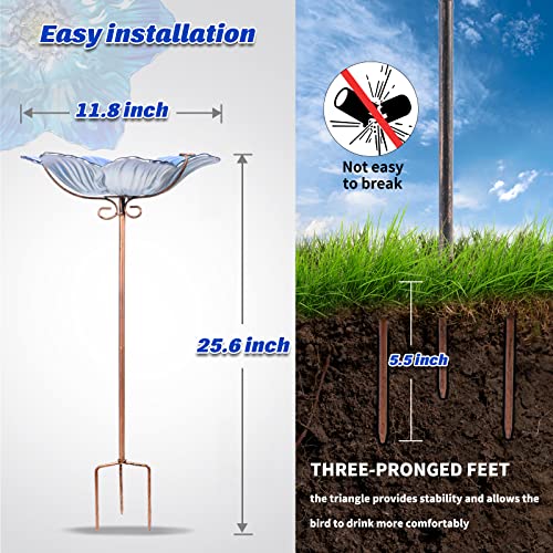MUMTOP Bird Baths for Outdoors Glass Bird Bath Bowl Outdoor Bird Feeder Flower Pattern with Metal Stake for Garden, Yard and Lawn Decor(Blue) - Image 2