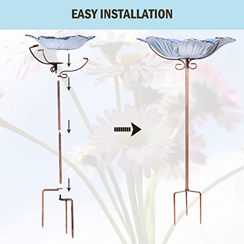 MUMTOP Bird Baths for Outdoors Glass Bird Bath Bowl Outdoor Bird Feeder Flower Pattern with Metal Stake for Garden, Yard and Lawn Decor(Blue) - Image 4