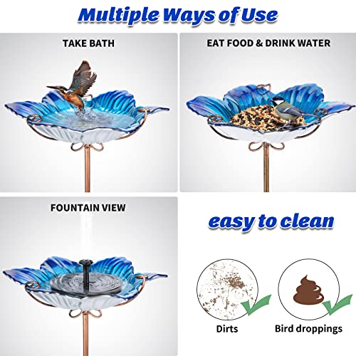MUMTOP Bird Baths for Outdoors Glass Bird Bath Bowl Outdoor Bird Feeder Flower Pattern with Metal Stake for Garden, Yard and Lawn Decor(Blue) - Image 5