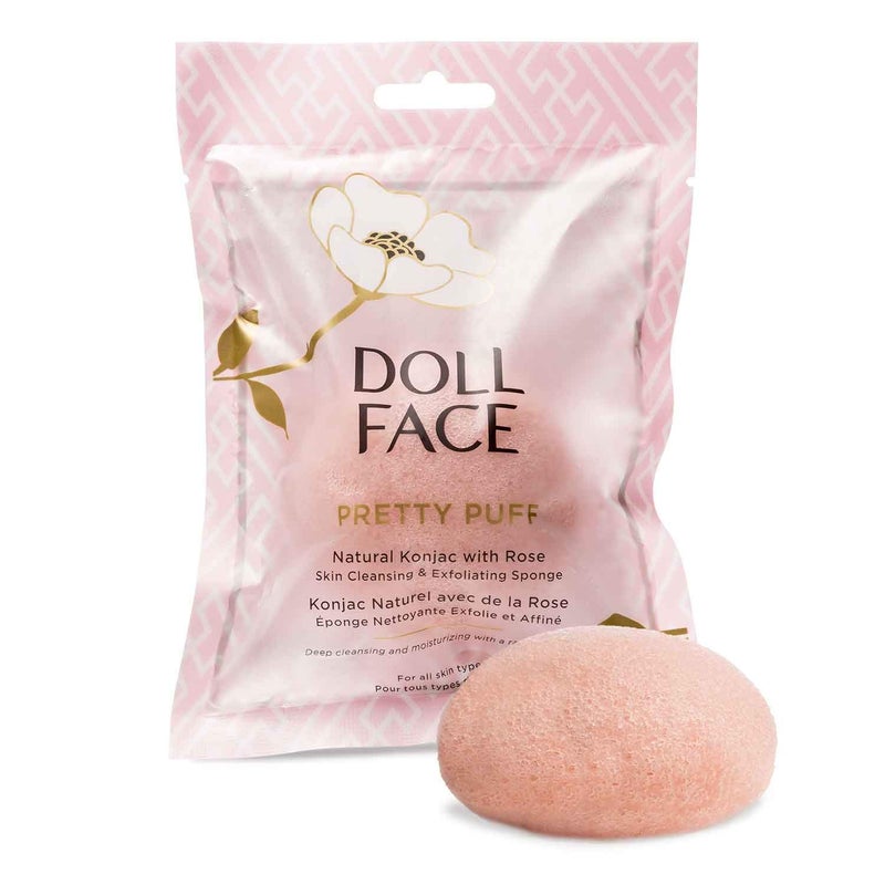 DOLL FACE Konjac Sponge Natural Exfoliating and Facial Cleansing Premoistened Rose Pretty Puff with Vitamin C All Skin Types 1 Piece