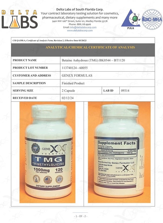 Genex Formulas GENEX 1000mg TMG Supplements (120 Capsules) - Betaine Anhydrous Trimethylglycine 1000mg - Liver Supplement - for Healthy Homocysteine Levels - Gluten Free & Non-GMO TMG Supplement - 30-Day Supply - Image 2